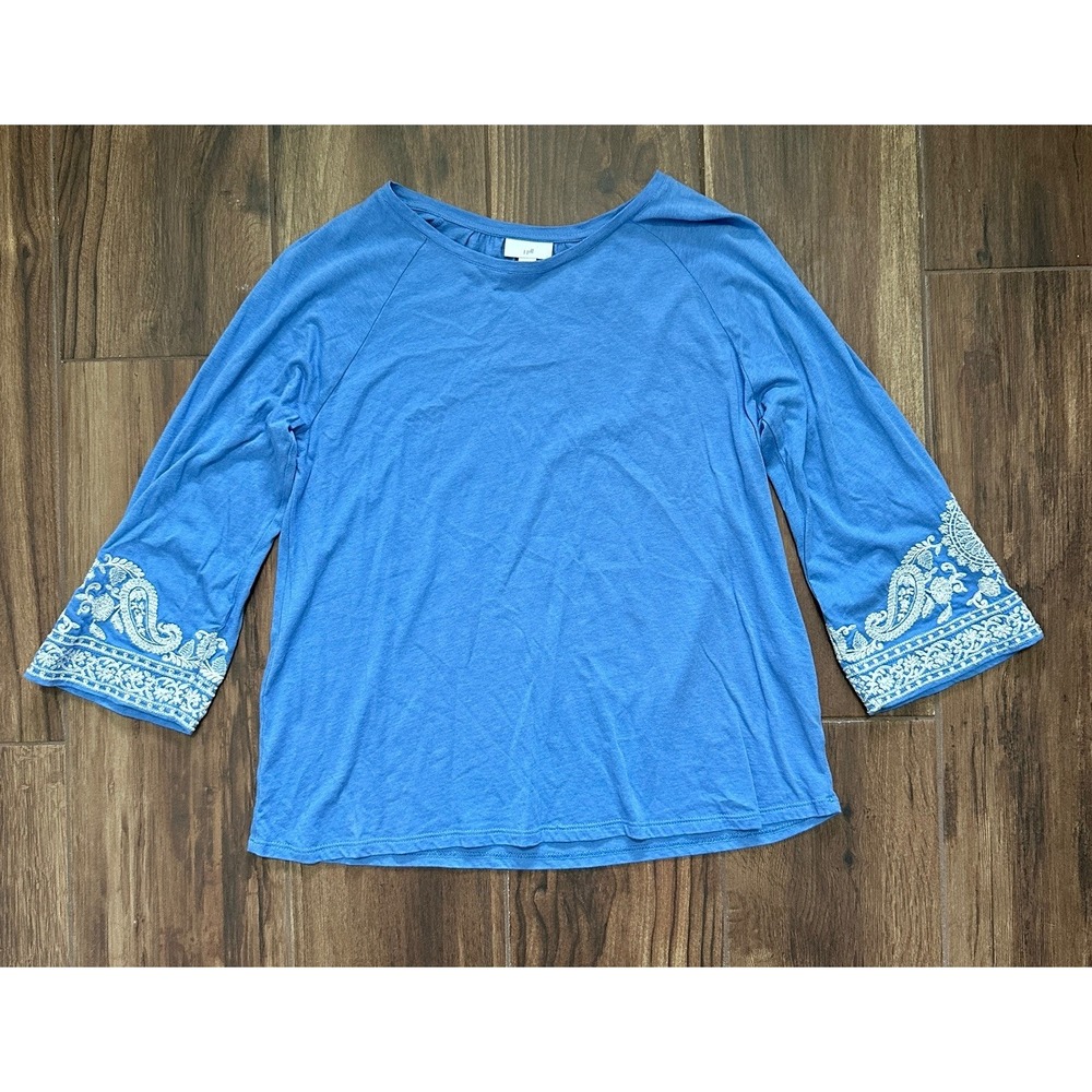 J. Jill Blue Cotton Tencel Modal Embroidered Paisley 3/4 Sleeve Knit Top Small - Picture 1 of 9
